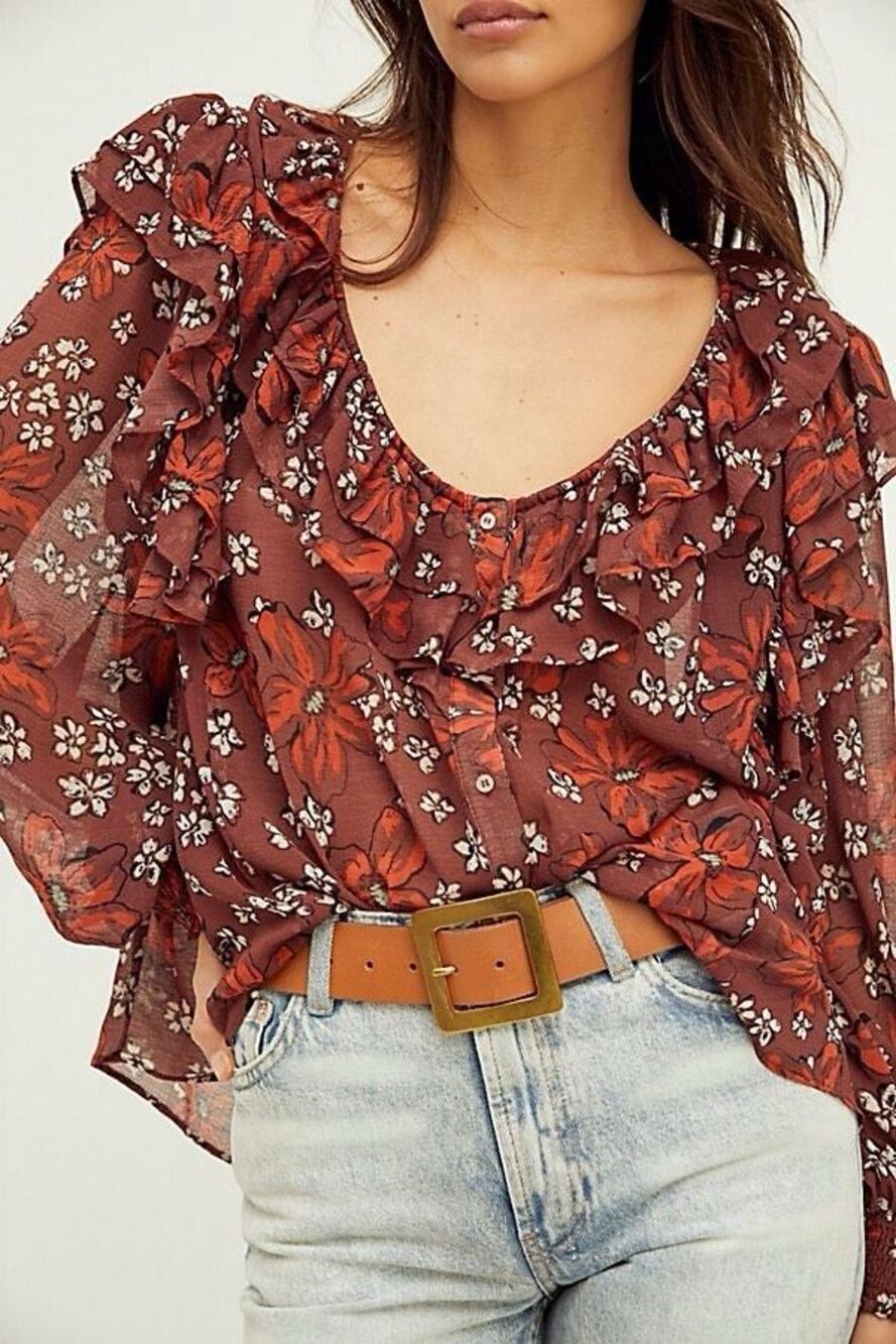 Free People Sheer Floral Oversized Ruffle Orange Brown Indie Top Size Small